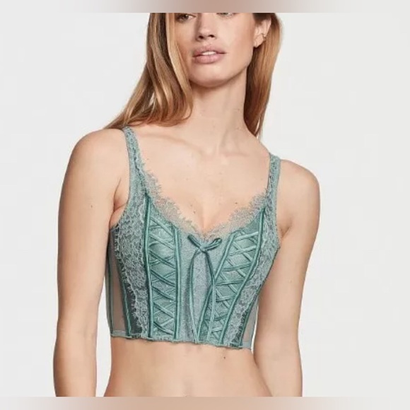 VICTORIA’S SECRET XS Dream Angels Blue Green Corset Top Boned Lace Bra Top - Picture 8 of 9